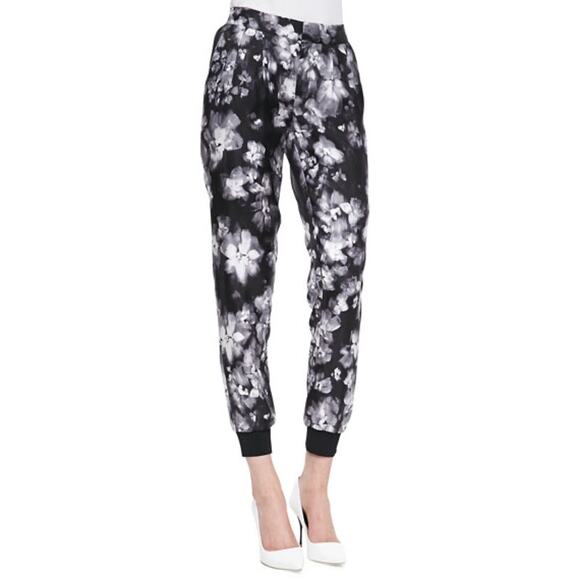 Rebecca Taylor Pleated Georgette Black Ghost Floral Ankle Silk Jogger Pants 4 - Picture 1 of 15